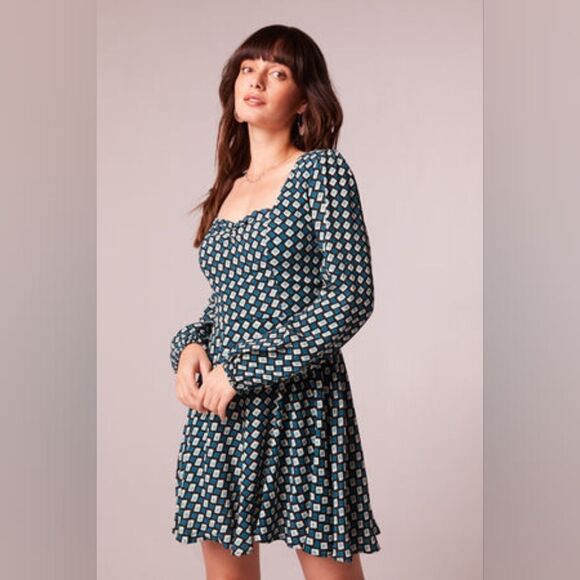 NWT Band of the Free GENEVIEVE TEAL DIAMOND LONG SLEEVE MINI DRESS XS - Picture 1 of 10